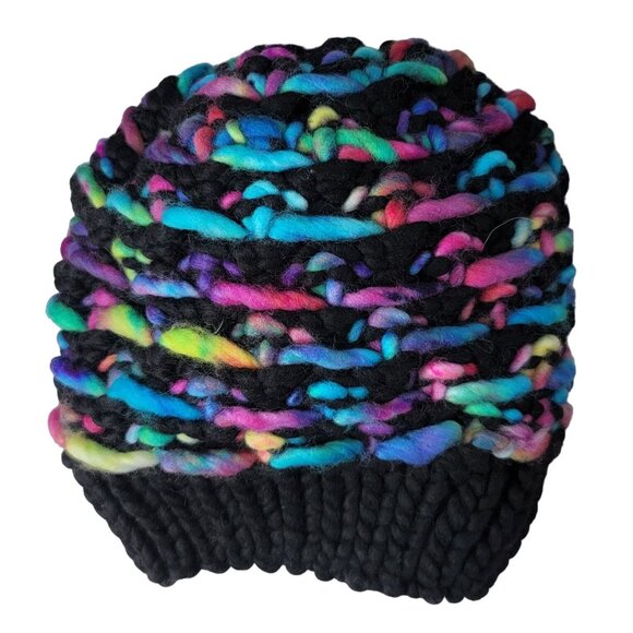 907 Knits Pom Pom Beanie Hat Black Multicolor Rainbow Fresh Tracks Lotus Flower - Picture 5 of 8